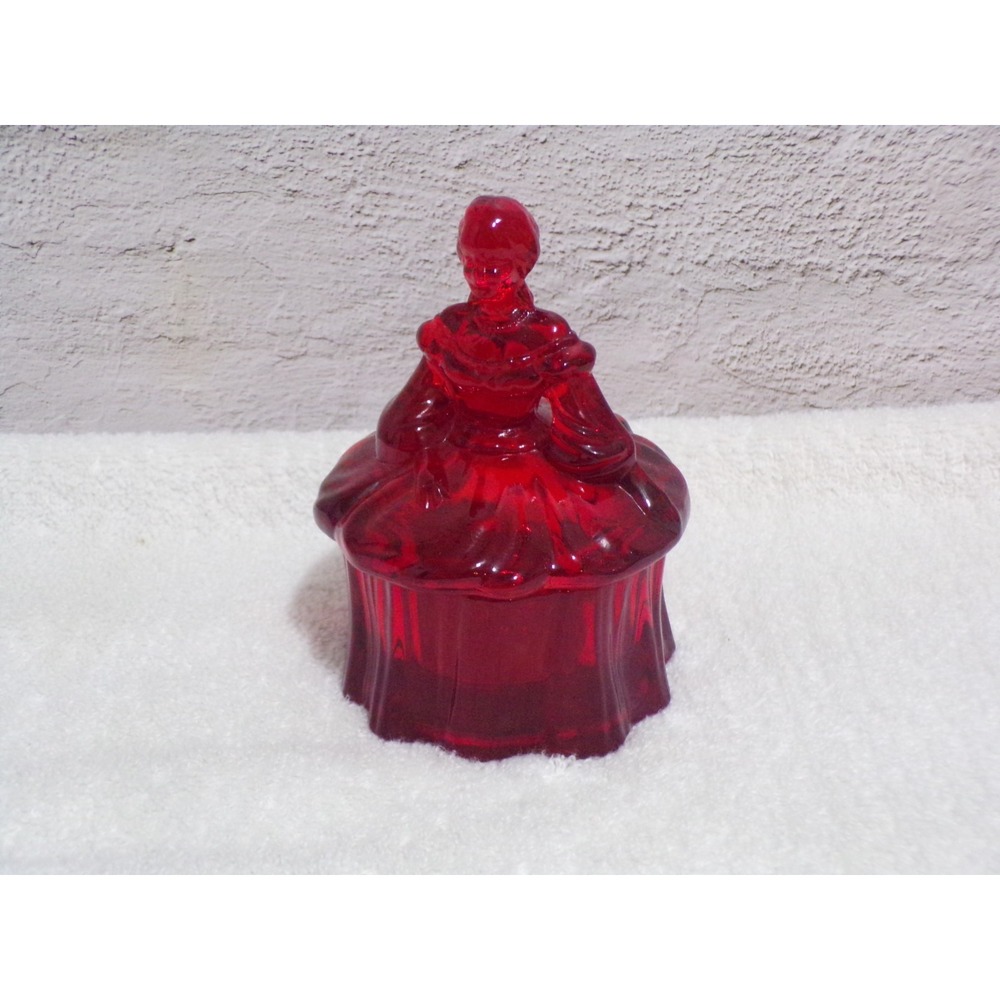 Vintage Mosser Ruby Red Glass Colonial Lady Powder Jar Detailed Dress 5" x 3"